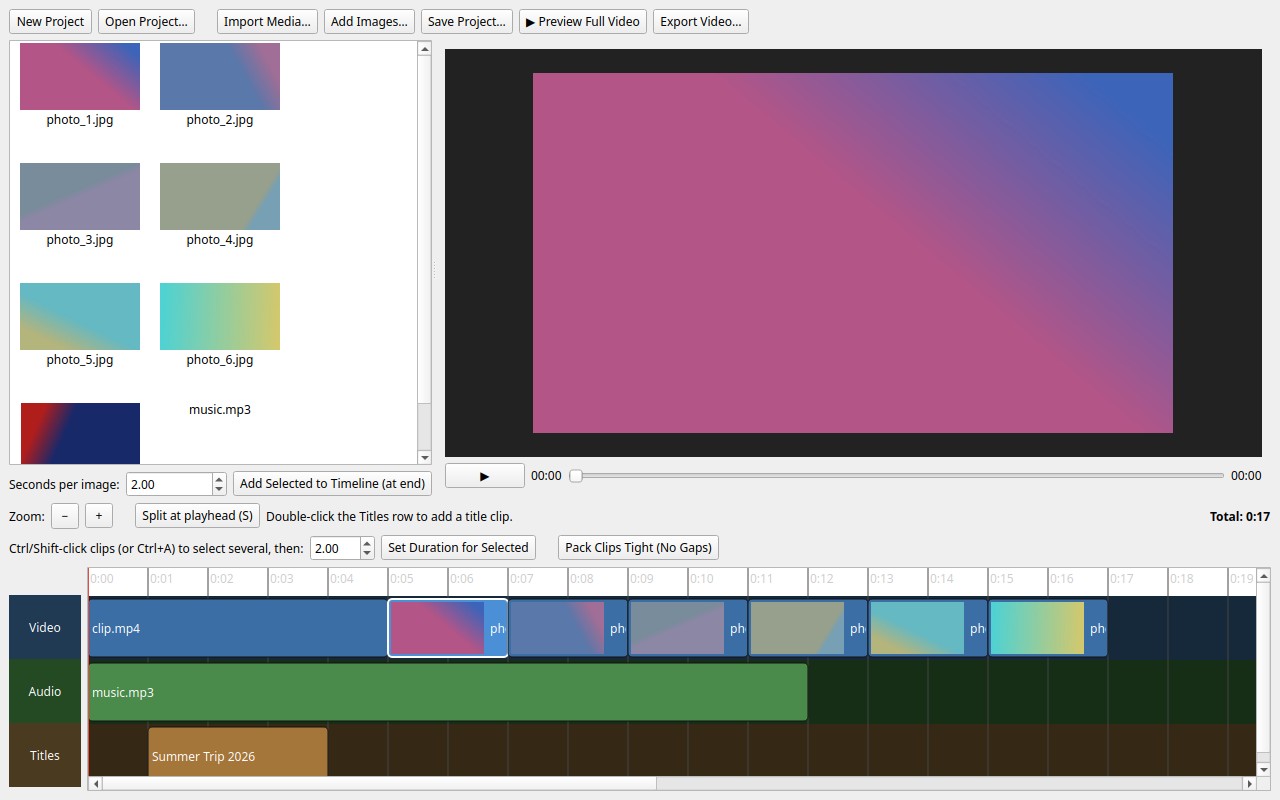 VideoBuilder — timeline editor with media pool, preview, and three tracks