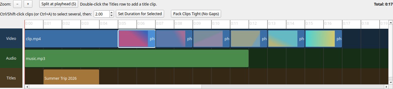 VideoBuilder timeline — photo sequence with music and title tracks